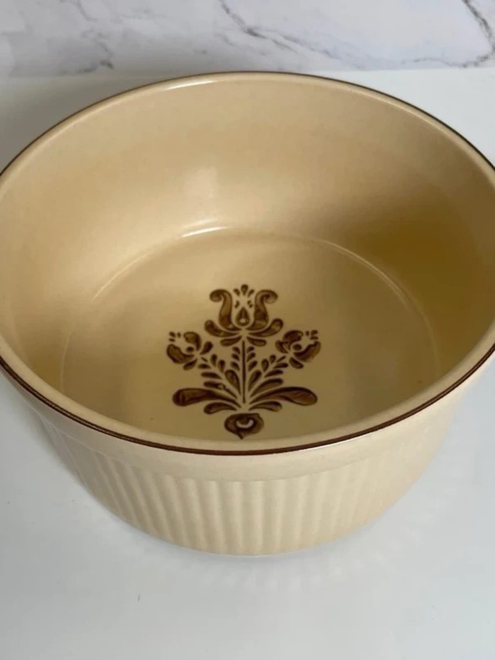 Cream Stoneware Serving Bowl with Brown Floral Accent